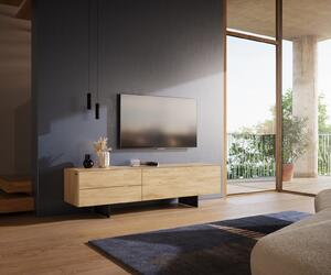 DELIFE TV stolík Cuor 180 cm keramika Laminam® Sabbia dubová farba 1 výklopné dvierka 2 zásuvky podstava závesná kov čierna