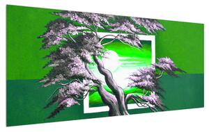 Zelený obraz stromu a východu slnka (120x50 cm)