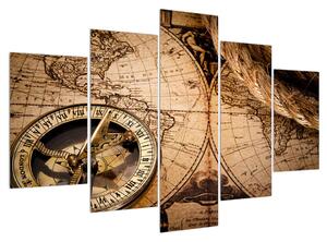 Historický obraz mapy sveta a kompasu (150x105 cm)