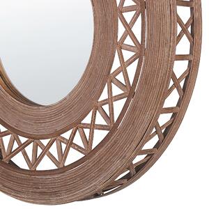 Nástenné zrkadlo svetlohnedé bambusové drevo okrúhle 62 cm ručne vyrobený rám geometrický vzor boho štýl rustikálny dizajn