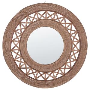 Nástenné zrkadlo svetlohnedé bambusové drevo okrúhle 62 cm ručne vyrobený rám geometrický vzor boho štýl rustikálny dizajn