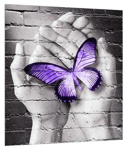 Moderný obraz dlaní s motýľom (30x30 cm)