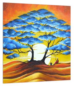Orientálny obraz modrého stromu a slnka (30x30 cm)