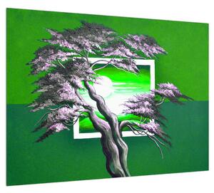 Zelený obraz stromu a východu slnka (70x50 cm)