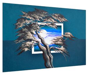 Modrý obraz stromu a východu slnka (90x60 cm)