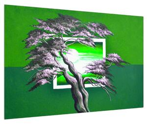 Zelený obraz stromu a východu slnka (90x60 cm)