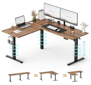 SENSE7 NOJO, rohový písací stôl, model Light Corner, elektricky nastaviteľná výška, rozmer 160x140, tvar L, stojací pracovný stôl, dvojitý motor, vzhľad dreva, tmavohnedá a čierna farba
