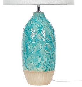 Stolná lampa tyrkysová keramická ozdobný podstavec biele látkové tienidlo boho rustikálny dizajn