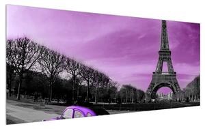 Obraz Eiffelovej veže a fialového auta (120x50 cm)