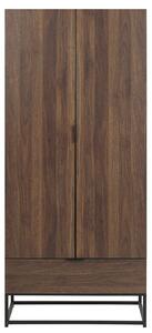 Šatníková skriňa tmavé drevo drevotrieska kovový podstavec krídlové dvere zásuvka industriálny dizajn spálňa