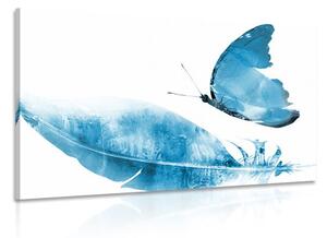 Obraz pierko s motýľom v modrom prevedení