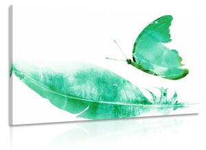 Obraz pierko s motýľom v zelenom prevedení