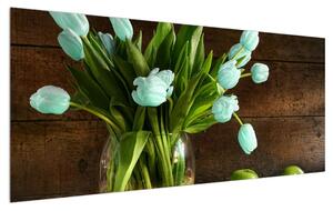 Obraz modrých tulipánov vo váze (120x50 cm)