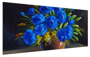 Obraz modrých kvetov vo váze (120x50 cm)