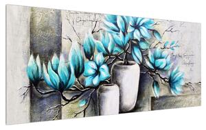 Obraz modrých kvetov vo váze (120x50 cm)