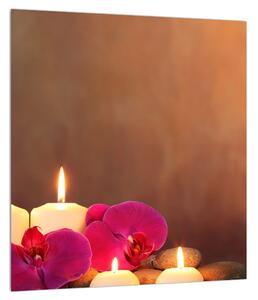 Relaxačný obraz sviečok s orchideou (30x30 cm)