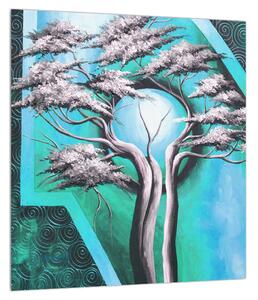 Orientálny modrý obraz stromu a slnka (30x30 cm)