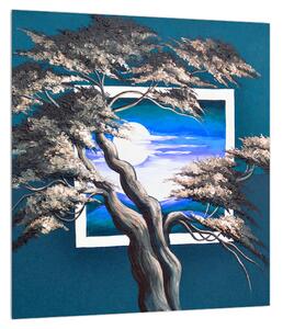Modrý obraz stromu a východu slnka (30x30 cm)