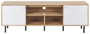 TV stolík svetlé drevo a biela drevotrieska a kov 160 x 56 x 40 cm 2 dvierka 3 police čierne nohy škandinávsky dizajn