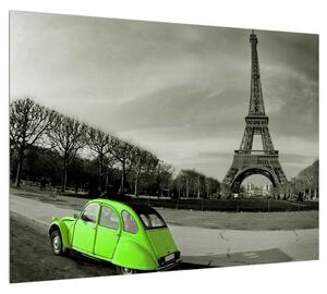 Obraz Eiffelovej veže a zeleného auta (70x50 cm)