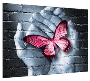 Moderný obraz dlaní s motýľom (70x50 cm)