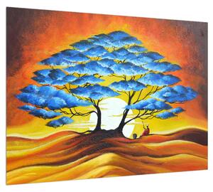 Orientálny obraz modrého stromu a slnka (70x50 cm)
