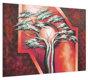 Orientálny červený obraz stromu a slnka (70x50 cm)