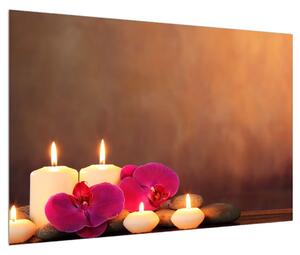 Relaxačný obraz sviečok s orchideou (90x60 cm)