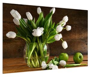 Obraz bielych tulipánov vo váze (90x60 cm)
