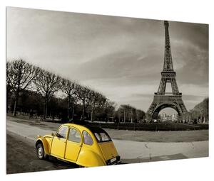 Obraz Eiffelovej veže a žltého auta (90x60 cm)