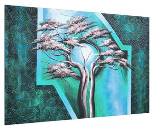 Orientálny modrý obraz stromu a slnka (90x60 cm)