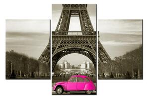 Obraz Eiffelovej veže a ružového auta (90x60 cm)