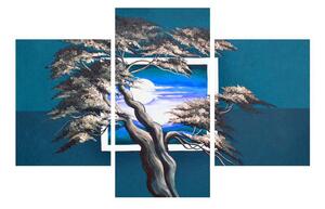 Modrý obraz stromu a východu slnka (90x60 cm)