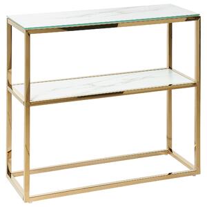 Konzolový stolík biely a zlatý sklenená stolová doska mramorový vzhľad kovový rám 80 x 30 cm glamour moderný elegantný dizajn