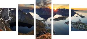 5-dielny obraz očarujúca horská panoráma so západom slnka