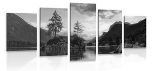 5-dielny obraz čiernobiela horská krajina pri jazere