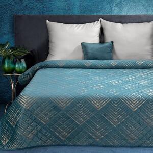 Elegantný prehoz na posteľ tyrkysovej farby so zlatým motívom