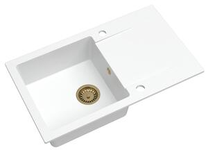 Sink Quality Ferrum, kuchynský granitový drez 770x450x190 mm + zlatý sifón, biela, SKQ-FER.W.1KDO.XG