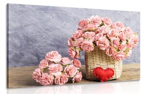 Obraz kytička ružových karafiátov v košíku