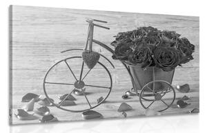 Obraz bicykel plný ruží v čiernobielom prevedení