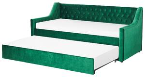 Rozkladacia posteľ zelená zamatová 90 x 200 cm s roštom prešívané čelo s gombíkmi glamour štýl spálňa