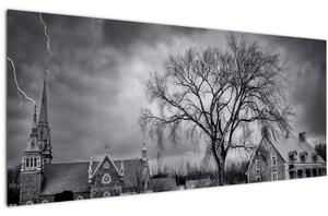 Obraz čiernobielej dediny (120x50 cm)