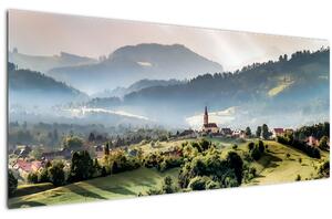 Obraz - dedinka v hmle (120x50 cm)