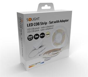 SOLIGHT COB LED pásik, sada s adaptérom, vypínač, 5m, 8W/m, 800lm/m, studená biela