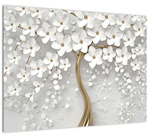 Obraz bieleho stromu s kvetinami (70x50 cm)