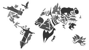 Obraz na korku mapa sveta so symbolmi jednotlivých kontinentov v čiernobielom prevedení