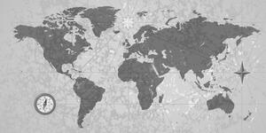 Obraz mapa sveta s kompasom v retro štýle v čiernobielom prevedení