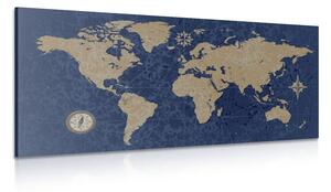 Obraz mapa sveta s kompasom v retro štýle na modrom pozadí