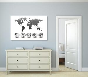 Obraz glóbusy s mapou sveta v čiernobielom prevedení