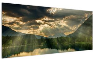 Obraz jazera s presvitajúcim slnkom (120x50 cm)
